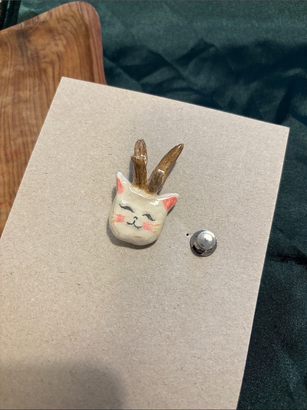 Cute Cream Cat Brooch Pin with Gold Antler Accent